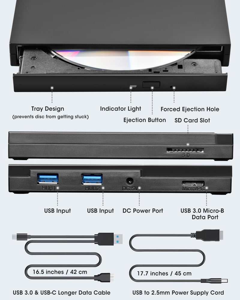 ROOFULL 5 in 1 External CD/DVD Drive with SD Card Slot & USB 3.0 Ports, USB-C Optical Disk Reader Writer CD Burner DVD Player for Windows 11/10 Laptop, Mac MacBook, Linux PC Desktop Computer - Image 3