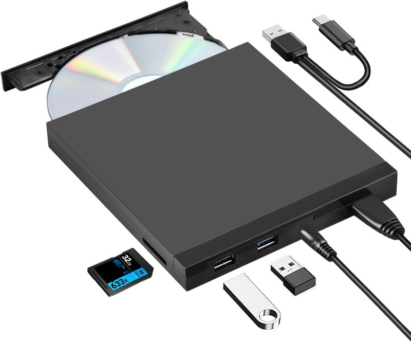 ROOFULL 5 in 1 External CD/DVD Drive with SD Card Slot & USB 3.0 Ports, USB-C Optical Disk Reader Writer CD Burner DVD Player for Windows 11/10 Laptop, Mac MacBook, Linux PC Desktop Computer - Image 1