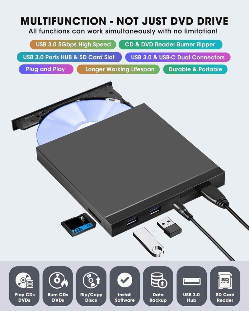 ROOFULL 5 in 1 External CD/DVD Drive with SD Card Slot & USB 3.0 Ports, USB-C Optical Disk Reader Writer CD Burner DVD Player for Windows 11/10 Laptop, Mac MacBook, Linux PC Desktop Computer - Image 2