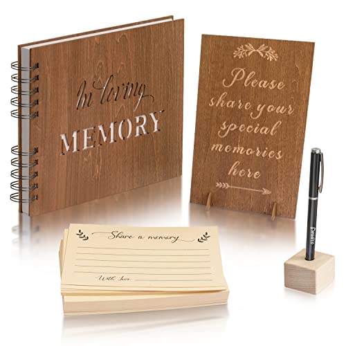 Creawoo Wooden Funeral Guest Book for Memorial Service Celebration of Life Decorations, Hardcover In Loving Memory Guestbook Set with White Pages, Included Share a Memory Cards, Table Sign, Pen (8.5") - Image 1