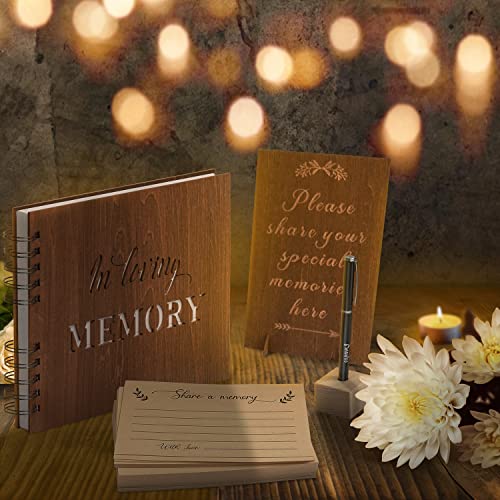 Creawoo Wooden Funeral Guest Book for Memorial Service Celebration of Life Decorations, Hardcover In Loving Memory Guestbook Set with White Pages, Included Share a Memory Cards, Table Sign, Pen (8.5") - Image 5