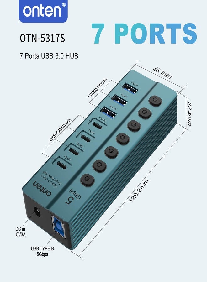 أونتن موزع USB 3.0 من Onten OTN - 5317S ذو 7 منافذ، سرعة نقل بيانات عالية تصل إلى 5 جيجابت في الثانية، مفاتيح تحويل مستقلة، توافق واسع مع أجهزة الكمبيوتر المحمولة والأجهزة اللوحية والهواتف وأجهزة الألعاب - Image 5