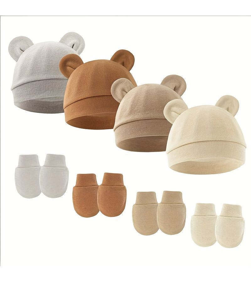 Rust Solid Color Baby Beanie With Ears And Gloves 2pcs Set - Image 3