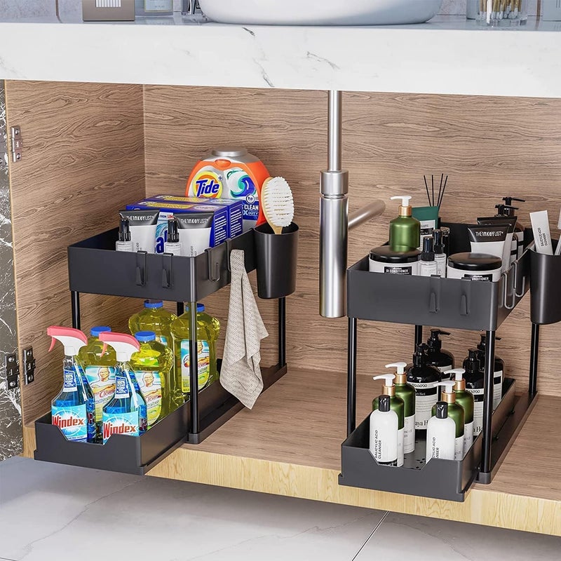 VLSYS Under Sink Sliding Organizer | Multi-Purpose Storage with Dividers & Hanging Cup | Black Plastic Shelf for Bathroom & Cabinet - Image 2
