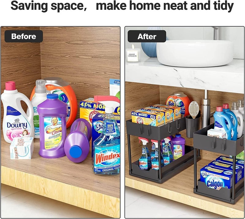 VLSYS Under Sink Sliding Organizer | Multi-Purpose Storage with Dividers & Hanging Cup | Black Plastic Shelf for Bathroom & Cabinet - Image 5