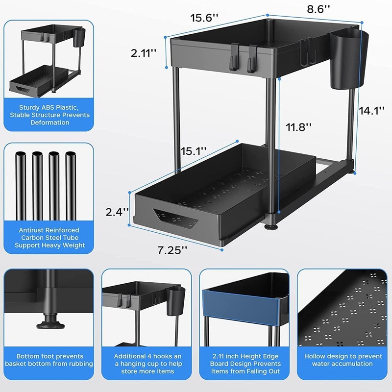 VLSYS Under Sink Sliding Organizer | Multi-Purpose Storage with Dividers & Hanging Cup | Black Plastic Shelf for Bathroom & Cabinet - Image 3