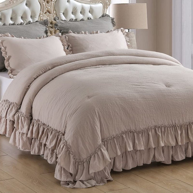 Masaca Masaca Taupe Ruffled Comforter Set for Queen Bed3 Pieces Vintage Farmhouse Shabby Bedding Set Lightweight Ultra Soft French Country Bedding 1 Farmhouse Comforter 2 Pillowcases 