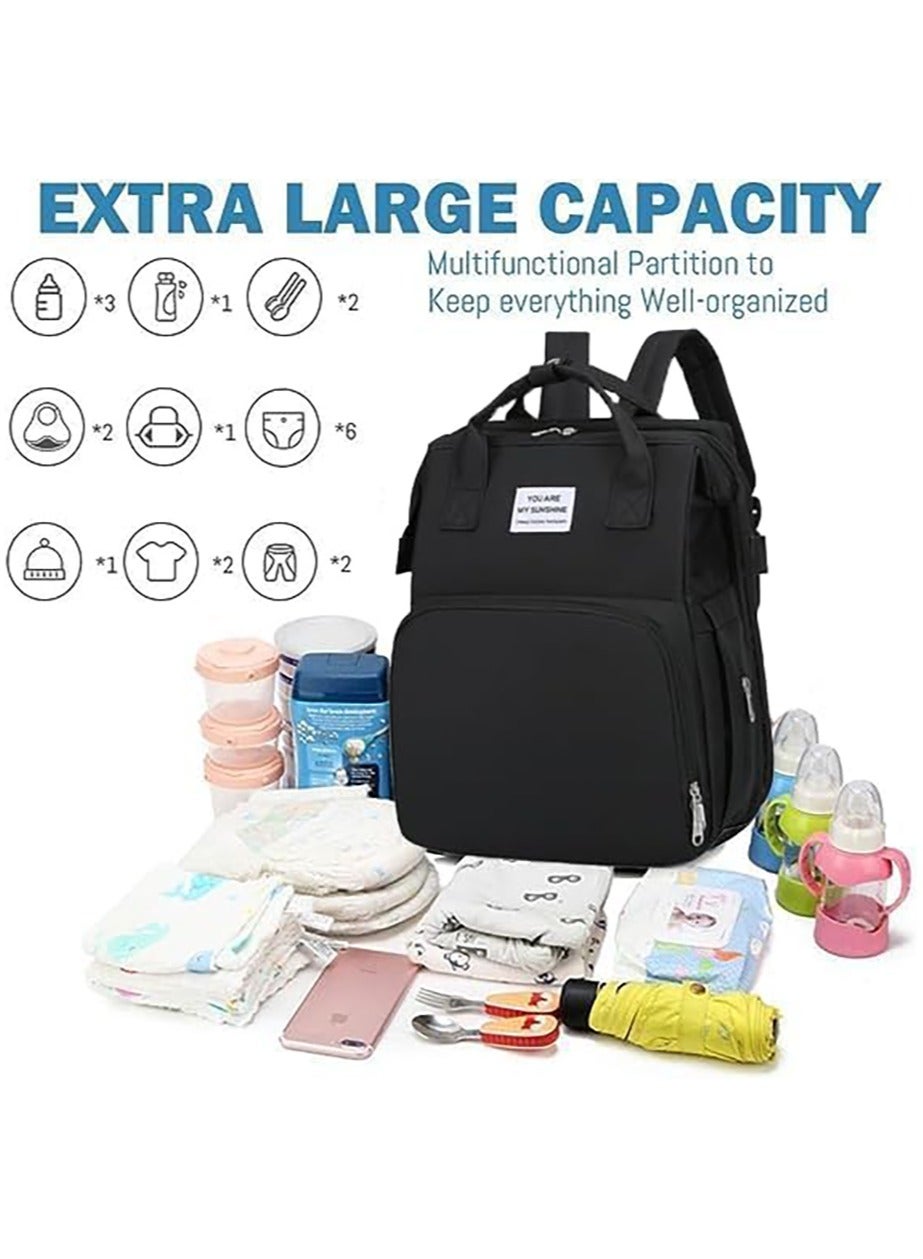 Diaper Black Bag Backpack Waterproof Diaper Changing Totes Multi-Function Travel Portable Bassinet Backpack Mommy Bag Large Capacity Baby Backpack for Boy Girl Baby Shower Gifts Folding Frib (Black)