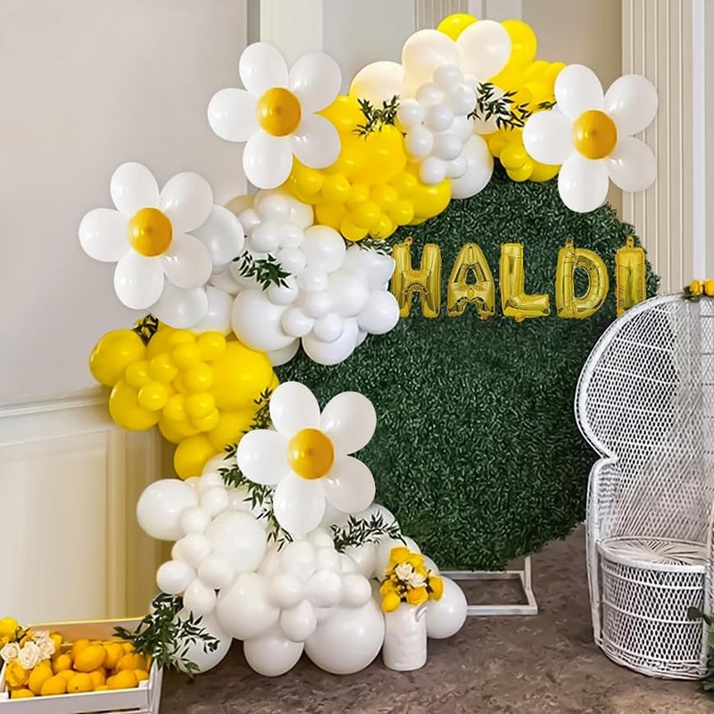 DECODAZZ haldi Decoration Items for Marriage Combo kit with foil Balloons,Yellow & White Balloons, haldi Ceremony Decorations Items for Photo Shoot, Wedding Decoration for Home - Image 1