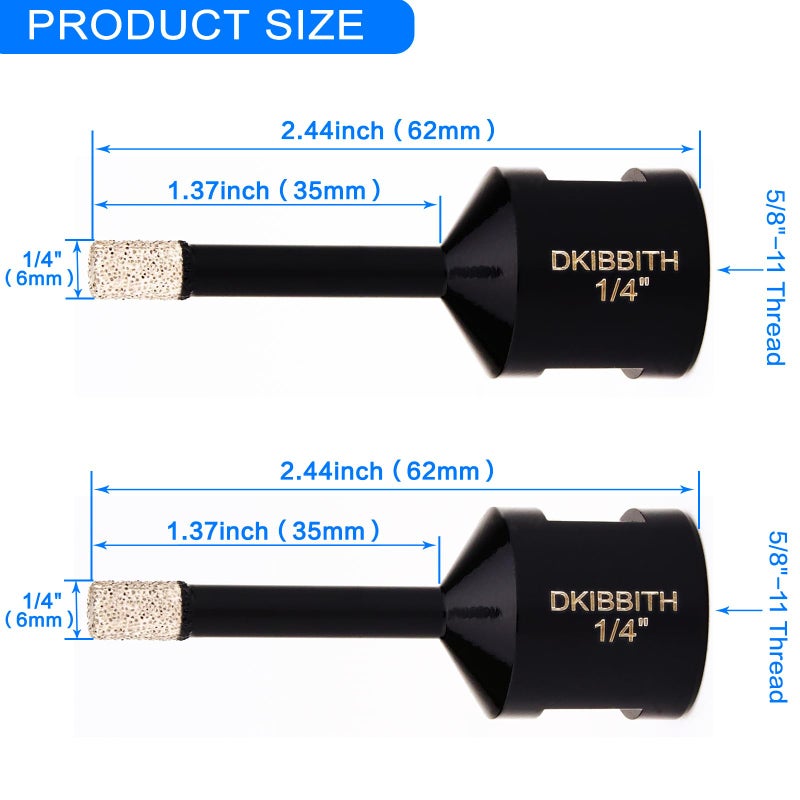 DKIBBITH 1/4 Inch Dry Diamond Core Drill Bits Set 2 pcs for Ceramic Porcelain Granite Marble Tiles Stone Glass Brick Hard Materials, 5/8-11 Thread for Angle Grinders Wet Polishers, Tile Hole Saws 6mm - Image 2