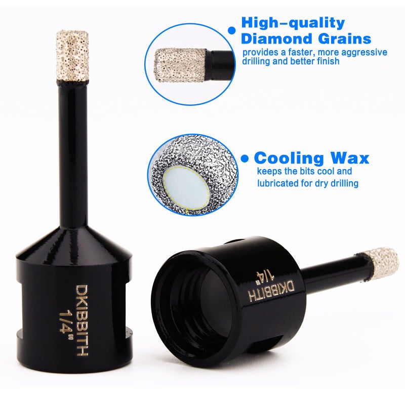 DKIBBITH 1/4 Inch Dry Diamond Core Drill Bits Set 2 pcs for Ceramic Porcelain Granite Marble Tiles Stone Glass Brick Hard Materials, 5/8-11 Thread for Angle Grinders Wet Polishers, Tile Hole Saws 6mm - Image 3
