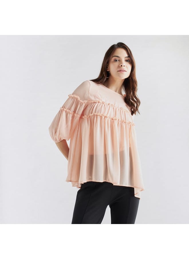 FAV Ruffled Chiffon Top with Crew Neck and Three-Quarter Sleeves  - Image 1