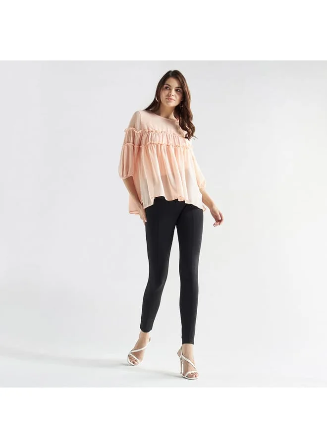 FAV Ruffled Chiffon Top with Crew Neck and Three-Quarter Sleeves