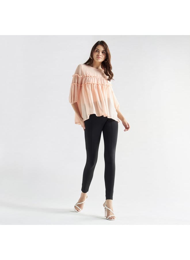 FAV Ruffled Chiffon Top with Crew Neck and Three-Quarter Sleeves  - Image 2