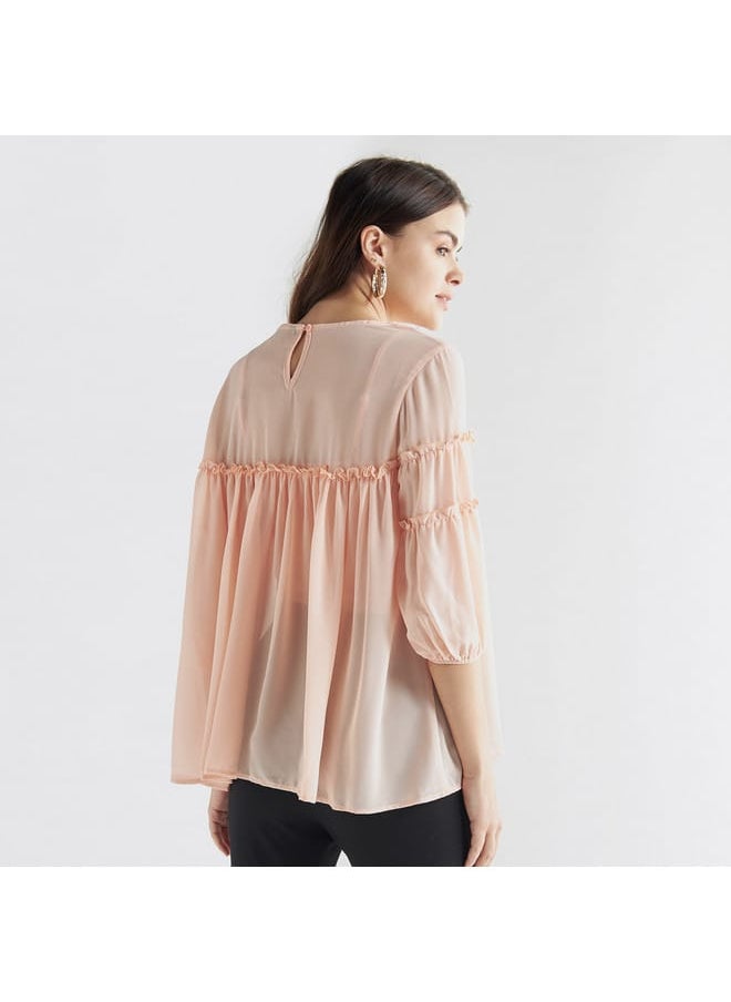 FAV Ruffled Chiffon Top with Crew Neck and Three-Quarter Sleeves  - Image 3