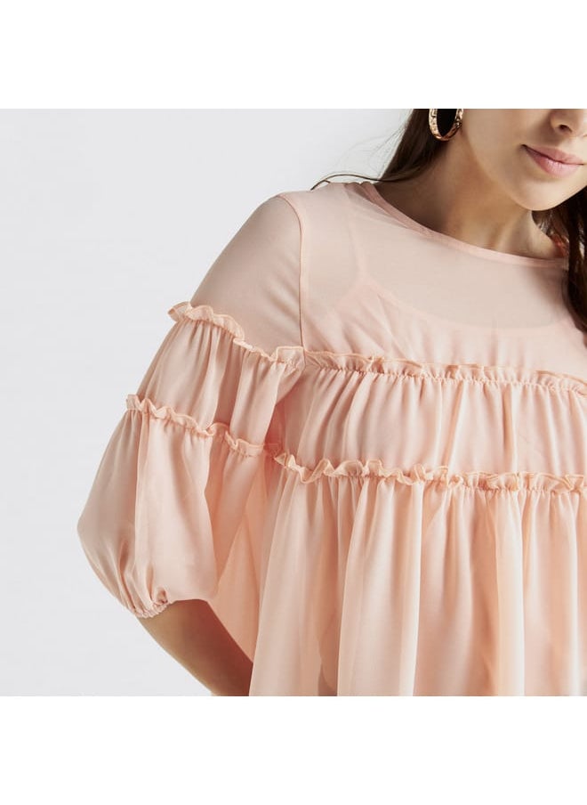 FAV Ruffled Chiffon Top with Crew Neck and Three-Quarter Sleeves  - Image 4