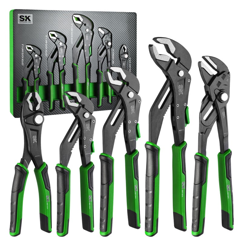 SK 5-Piece Pliers Set, 8" Adjustable Joint, 8", 10" and 12" Quick Adjust V-Jaw Groove Joint, 10" Pliers Wrench, Premium CR-V Construction, with EVA Foam Tool Organizer - Image 1