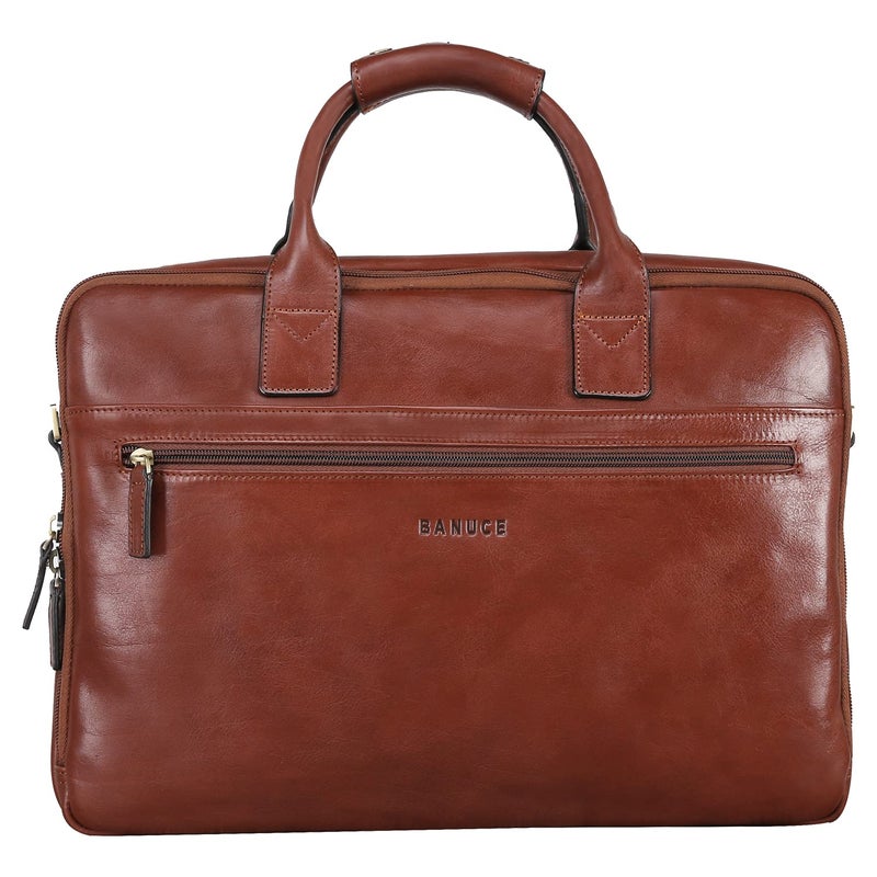 Banuce Vintage Slim Full Grains Italian Leather Briefcase for Men 14 inch Laptop Bags Business Work Bags Attache Case with Luggage Strap Brown - Image 1