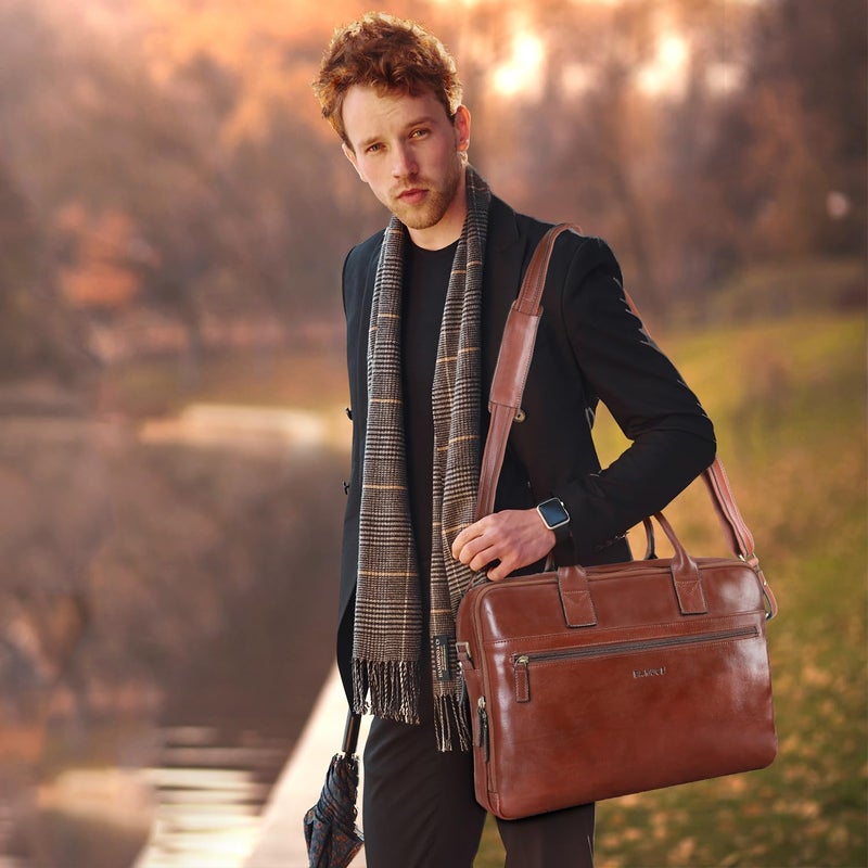 Banuce Vintage Slim Full Grains Italian Leather Briefcase for Men 14 inch Laptop Bags Business Work Bags Attache Case with Luggage Strap Brown - Image 3