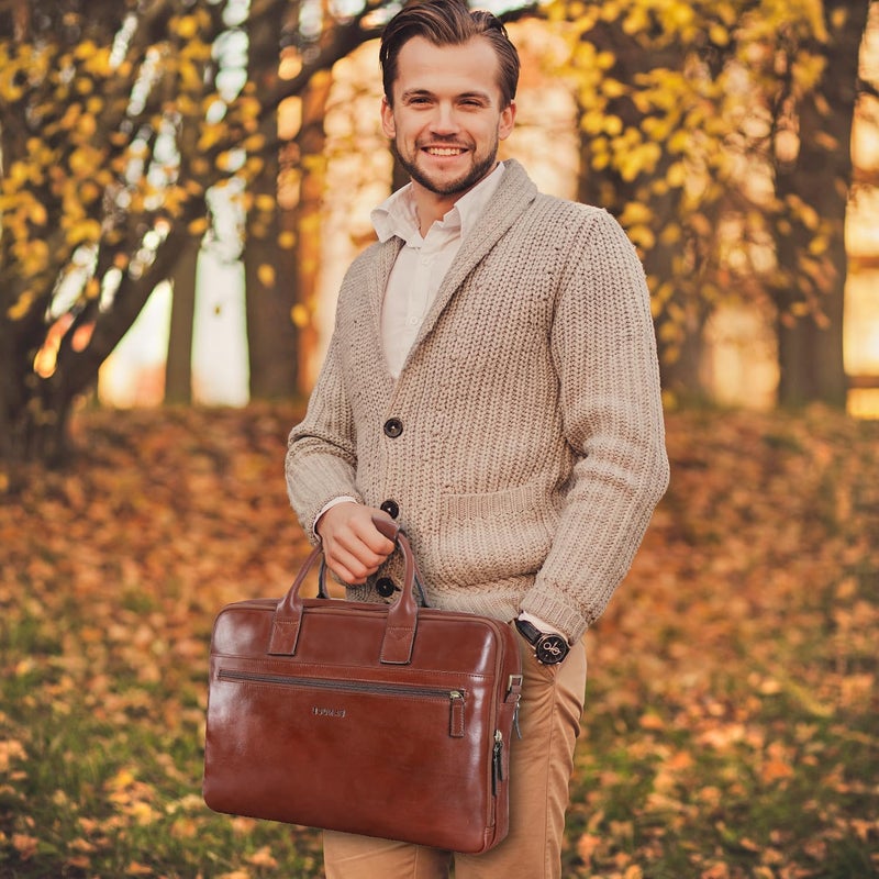 Banuce Vintage Slim Full Grains Italian Leather Briefcase for Men 14 inch Laptop Bags Business Work Bags Attache Case with Luggage Strap Brown - Image 2
