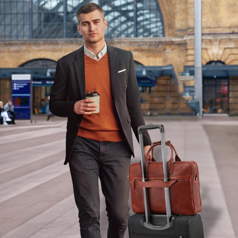 Banuce Vintage Slim Full Grains Italian Leather Briefcase for Men 14 inch Laptop Bags Business Work Bags Attache Case with Luggage Strap Brown - Image 4