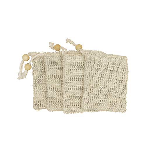 Bleu Bath (4 Pack) Exfoliating Loofah Pouch Sisal Ramie Soap Saver Bag with Drawstring and Wooden Bead Holder - Image 2
