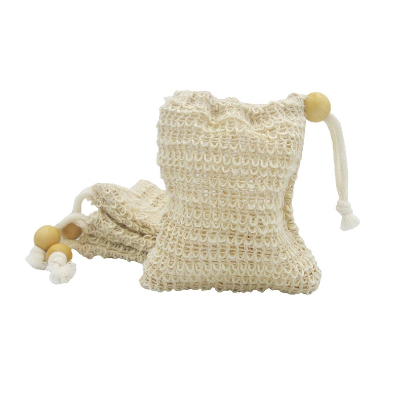 Bleu Bath (4 Pack) Exfoliating Loofah Pouch Sisal Ramie Soap Saver Bag with Drawstring and Wooden Bead Holder - Image 5
