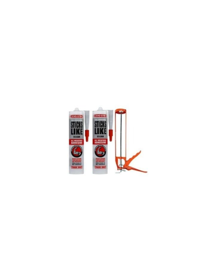 EVO-STIK - Sticks Like Adhesive, All Weather, Extreme Temperature & Movement Resistant, Colour: Clear, Size: 290ml With Silicone Gun Pack Of 2 - Image 1