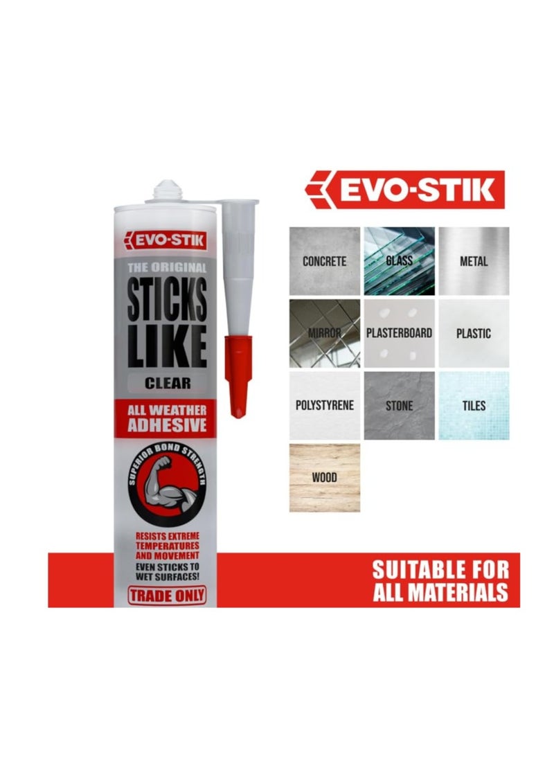 EVO-STIK - Sticks Like Adhesive, All Weather, Extreme Temperature & Movement Resistant, Colour: Clear, Size: 290ml With Silicone Gun Pack Of 2 - Image 1