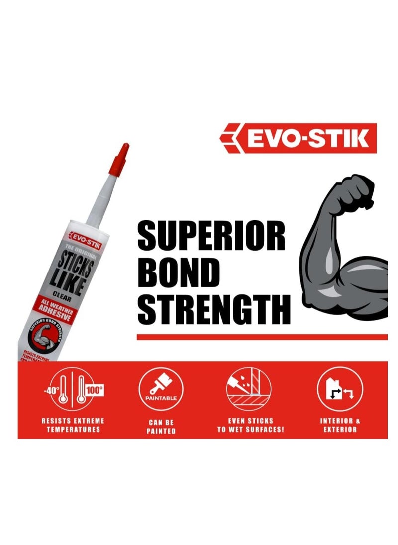 EVO-STIK - Sticks Like Adhesive, All Weather, Extreme Temperature & Movement Resistant, Colour: Clear, Size: 290ml With Silicone Gun Pack Of 2 - Image 1