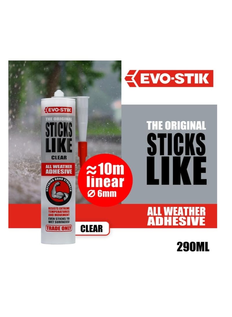 EVO-STIK - Sticks Like Adhesive, All Weather, Extreme Temperature & Movement Resistant, Colour: Clear, Size: 290ml With Silicone Gun Pack Of 2 - Image 1