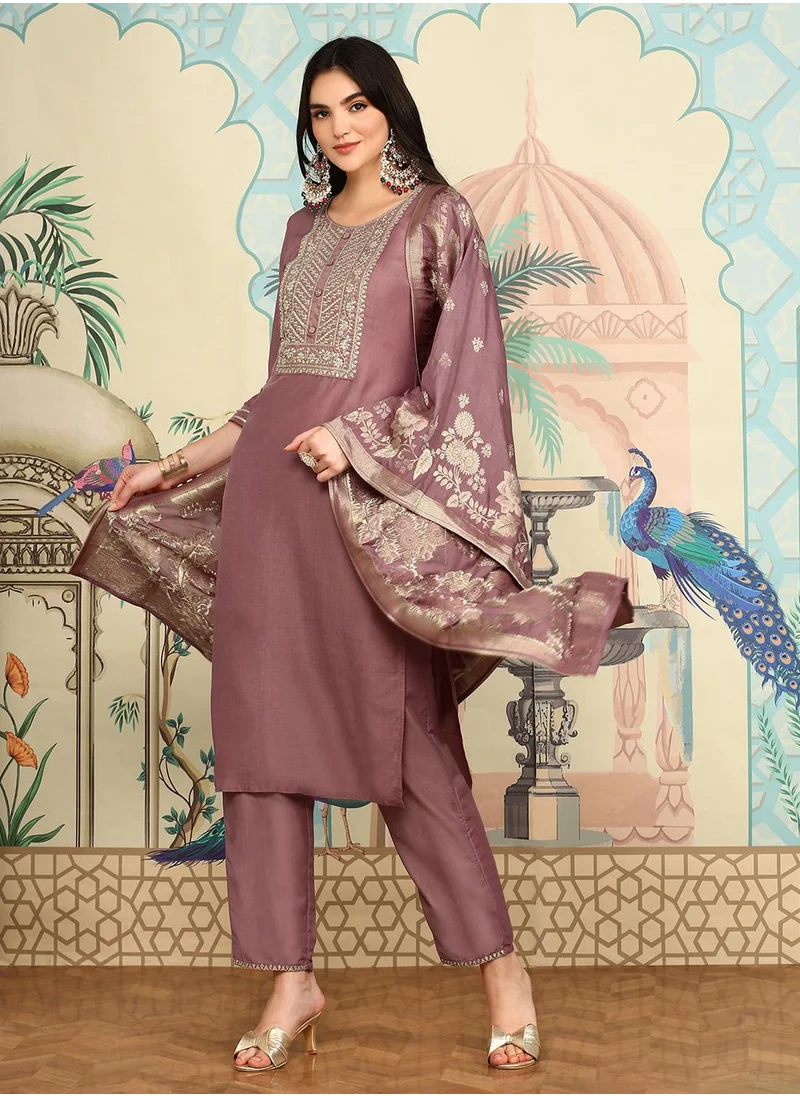 آي شين Brown Floral Embroidered Sequinned Straight Kurta With Trousers & Dupatta