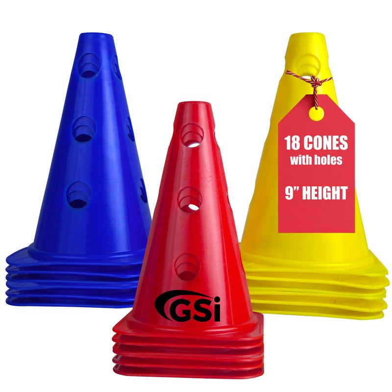 GSi 9 Training Cones with HolesSet of 18 Create Adjustable Hurdles and Agility Circuits Durable Sports Cones for Soccer Kids PE and MultiSport Training Red Blue Yellow - Image 2