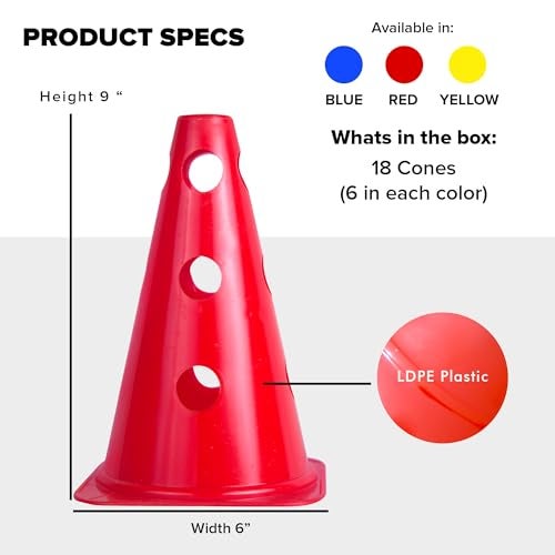GSi 9 Training Cones with HolesSet of 18 Create Adjustable Hurdles and Agility Circuits Durable Sports Cones for Soccer Kids PE and MultiSport Training Red Blue Yellow - Image 3