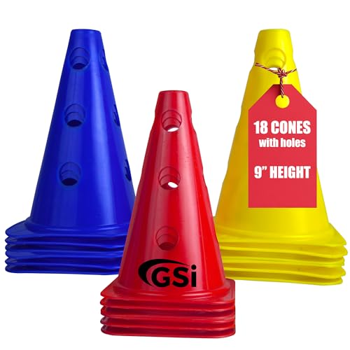 GSi 9 Training Cones with HolesSet of 18 Create Adjustable Hurdles and Agility Circuits Durable Sports Cones for Soccer Kids PE and MultiSport Training Red Blue Yellow - Image 1