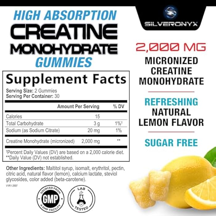 SilverOnyx Creatine Monohydrate Gummies 2000mg - Best Micronized, Sugar Free Creatine Chewables for Men & Women - Supports Lean Muscle, Strength, Energy, & Endurance - Non-GMO, Gluten Free - 60 Lemon Gummies - Image 2