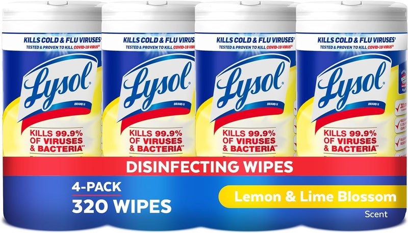 Lysol Disinfectant Wipes, Multi-Surface Antibacterial Cleaning Wipes, For Disinfecting and Cleaning, Lemon and Lime Blossom, Pack of 4 (Packaging may vary) - Image 1