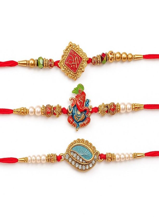 مجموعة SQUIDSY Rakhi مكونة من 3 قطع للأخ وبهية والأطفال - تصميم تقليدي Rakhis مع سحر Om Ganesha - مجموعة هدايا Rakshabandhan Rakhi Combo للأخوة (متعددة الألوان) - Image 1