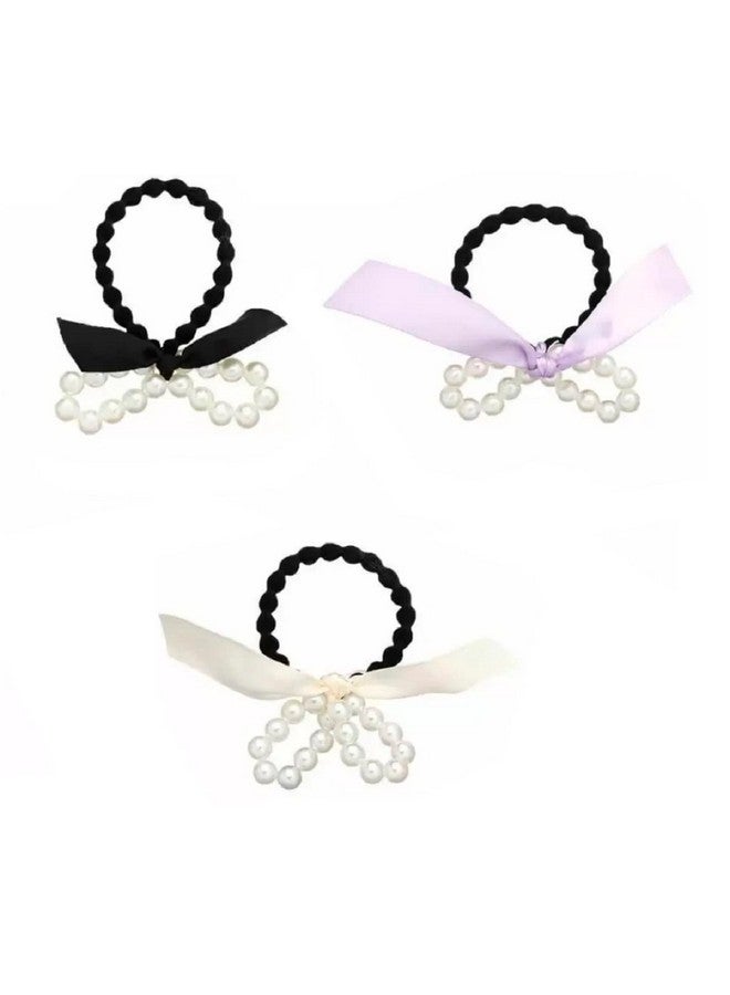 Oomph! OOMPH Jewellery Combo of 3 Black, White & Purple Satin Bow & Pearls RubberBand HairTie Ponytail Holder For Women & Girls Stylish Latest (HSSK104_AMR4) - Image 1