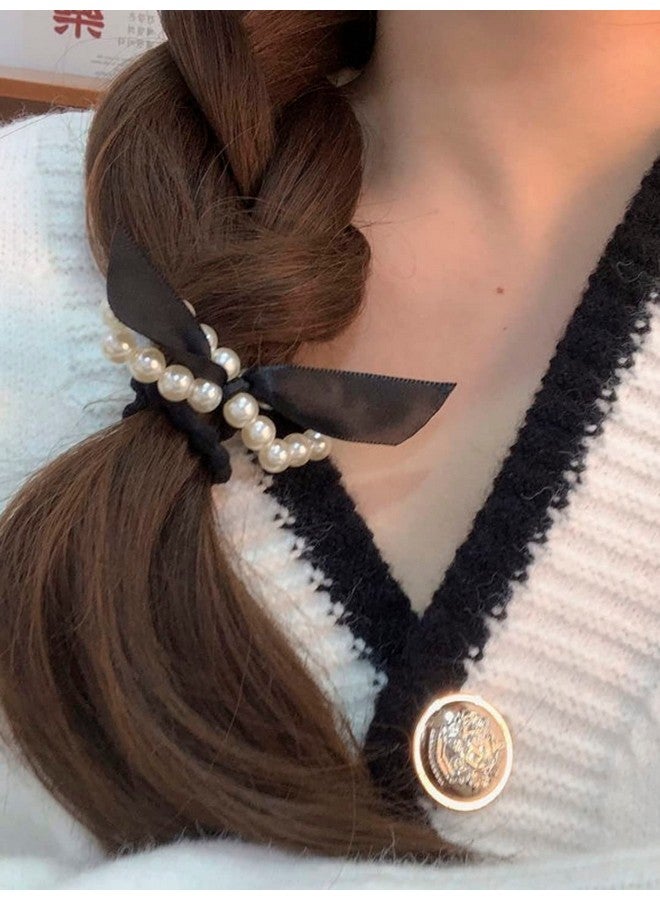 Oomph! OOMPH Jewellery Combo of 3 Black, White & Purple Satin Bow & Pearls RubberBand HairTie Ponytail Holder For Women & Girls Stylish Latest (HSSK104_AMR4) - Image 2