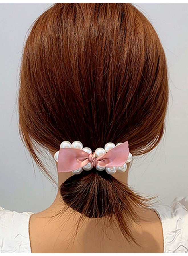 Oomph! OOMPH Jewellery Combo of 3 Black, White & Purple Satin Bow & Pearls RubberBand HairTie Ponytail Holder For Women & Girls Stylish Latest (HSSK104_AMR4) - Image 3