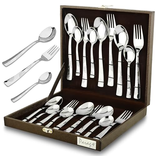 Parage 18 Pieces Premium Stainless Steel Cutlery Set, Home & Kitchen with Gift Box (6 Pieces Each Table Spoons, Table Forks & Tea Spoons) with Leatherite Box - Image 1