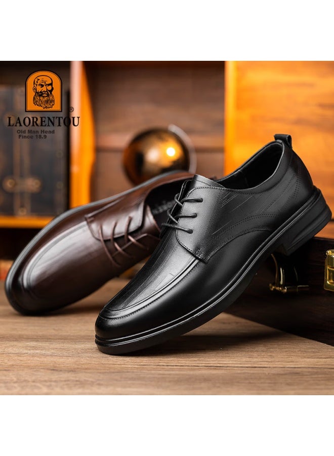 Laorentou Men's Business Casual Leather Shoes Spring And Autumn Breathable Soft Bottom Cowhide Formal Wedding Father Shoes La100 Brown 38