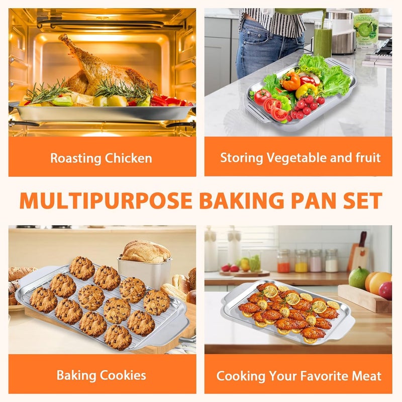 CookTime Baking Pans Set with Rack: 3 PCS Stainless Steel Baking Sheets Set, Wide Handle Kitchen Bakeware Baking Pans for Cookie, Cake, 16 x 9.6 Inch Deep Lasagna Pan Roasting Tray, Dishwasher Safe - Image 4