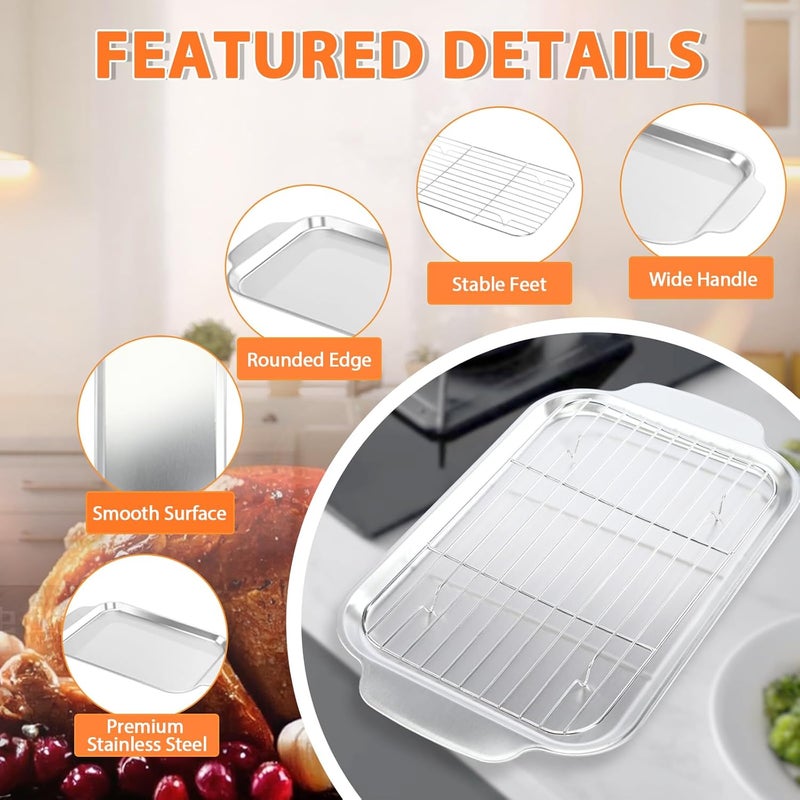 CookTime Baking Pans Set with Rack: 3 PCS Stainless Steel Baking Sheets Set, Wide Handle Kitchen Bakeware Baking Pans for Cookie, Cake, 16 x 9.6 Inch Deep Lasagna Pan Roasting Tray, Dishwasher Safe - Image 2