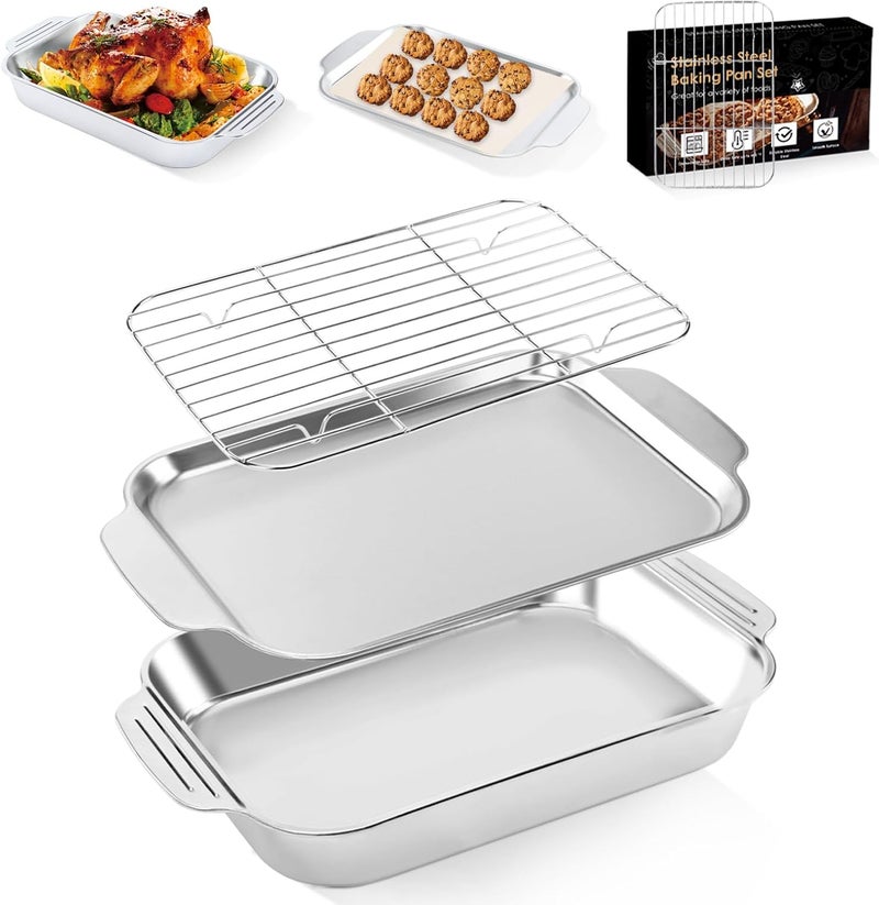 CookTime Baking Pans Set with Rack: 3 PCS Stainless Steel Baking Sheets Set, Wide Handle Kitchen Bakeware Baking Pans for Cookie, Cake, 16 x 9.6 Inch Deep Lasagna Pan Roasting Tray, Dishwasher Safe - Image 1