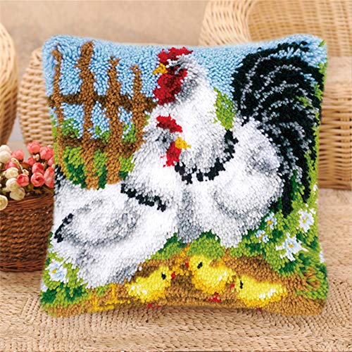LAPATAIN Latch Hook Kits for DIY Throw Pillow CoverNeedlework Cushion Cover Hand Craft Crochet for Great Family 17X17inch Two ChickensWhite