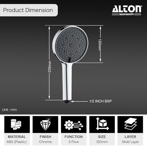 ALTON SHR22360, 5-INCH, 3-Function Hand Shower With SS-304 Grade 1.5 Meter Flexible Hose Pipe and Wall Hook, (Chrome) - Image 2