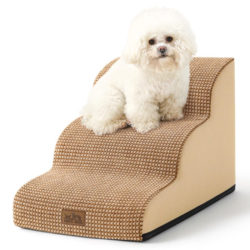 COZY KISS Dog Stairs for Small Dogs 15.7" H, Curved Dog Step for Puppy, Older Cat, Medium Pet Ramp for Sofa, Couch or Chair, Ladder with High Density Foam, 3 Step, 15.7x22.4x15.7 inch, Light Brown - Image 1