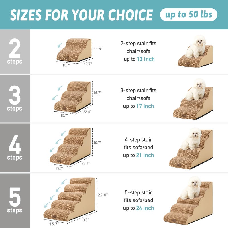 COZY KISS Dog Stairs for Small Dogs 15.7" H, Curved Dog Step for Puppy, Older Cat, Medium Pet Ramp for Sofa, Couch or Chair, Ladder with High Density Foam, 3 Step, 15.7x22.4x15.7 inch, Light Brown - Image 2